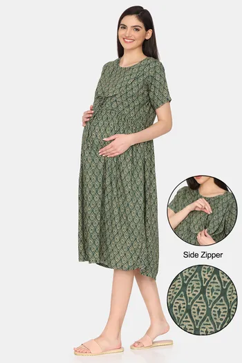 Buy Coucou Maternity Woven Mid Length Nightdress With Side Zipper And Discreet Feeding - Formal Garden